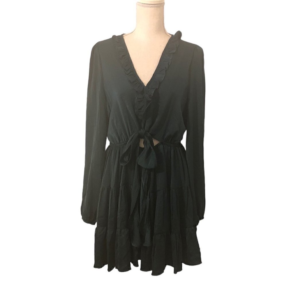 PRINCESS POLLY Randi Dress Women's Size 10 Teal Mini Ruffles Long Sleeves NWT